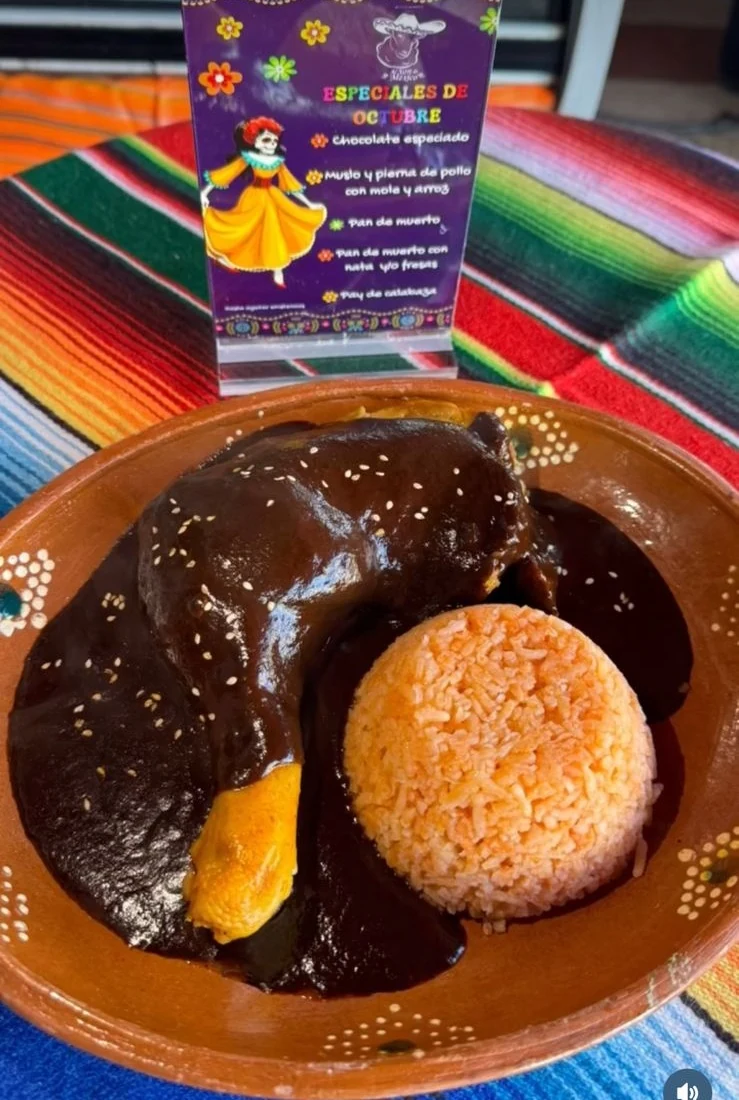 Pierna de guajolote bañada en mole con arroz, servida en plato de barro